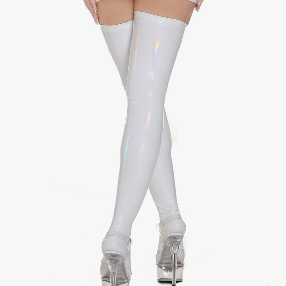 White nurse vegan patent leather stockings thigh high leggings socks bondage OS